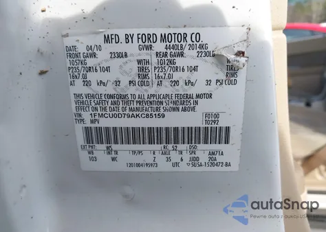 2010 Ford Escape Xlt из США, поврежденный, VIN 1FMCU0D79AKC85159